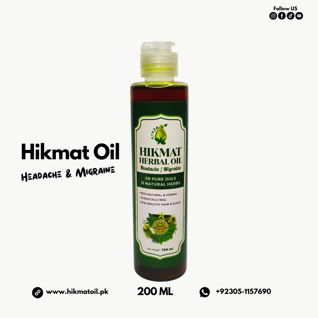 Bottle of Hikmat Herbal Oil with label on a white background