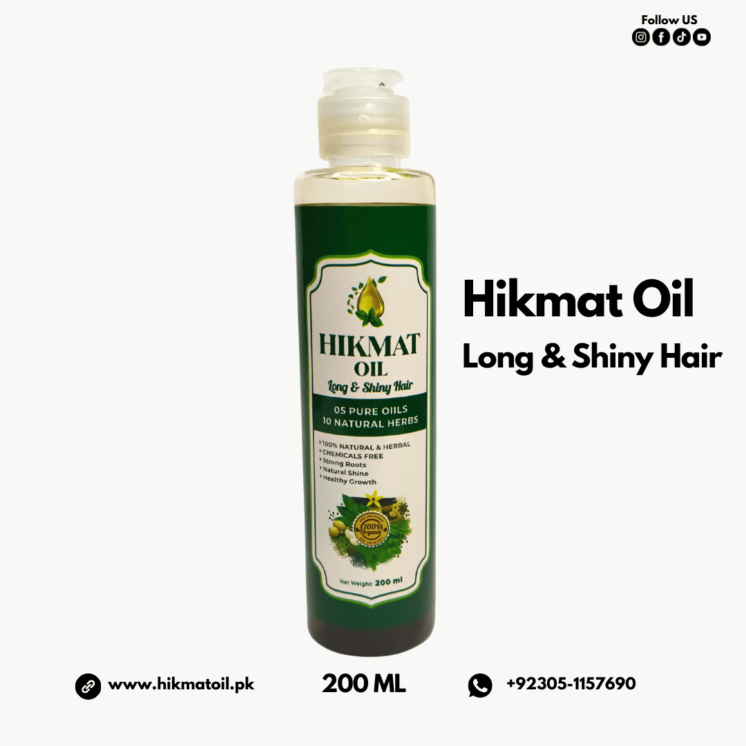 Hikmat Oil bottle with green label on a white background